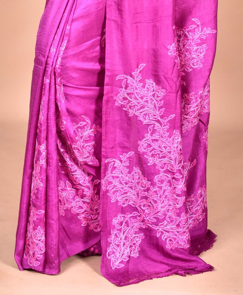 Mulberry Silk Saree with Hand Print and Hand Embroidery (Dark Pink)