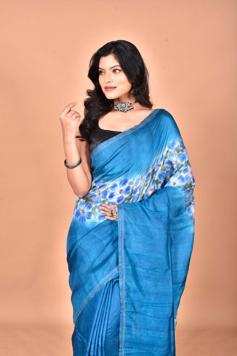 Mulberry Silk Saree with Hand Print and Hand Embroidery ( Blue)