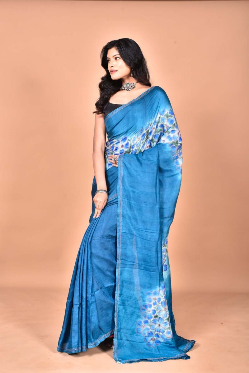 Mulberry Silk Saree with Hand Print and Hand Embroidery ( Blue)