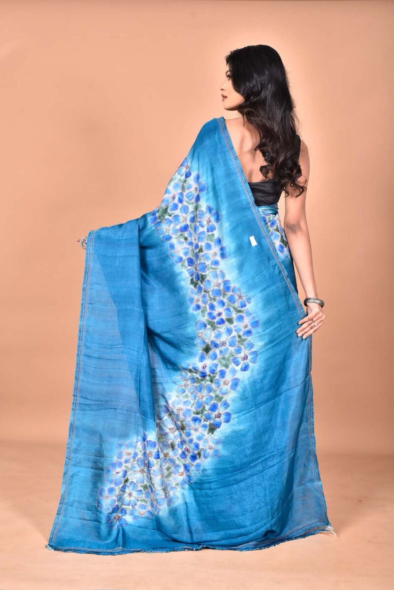 Mulberry Silk Saree with Hand Print and Hand Embroidery ( Blue)