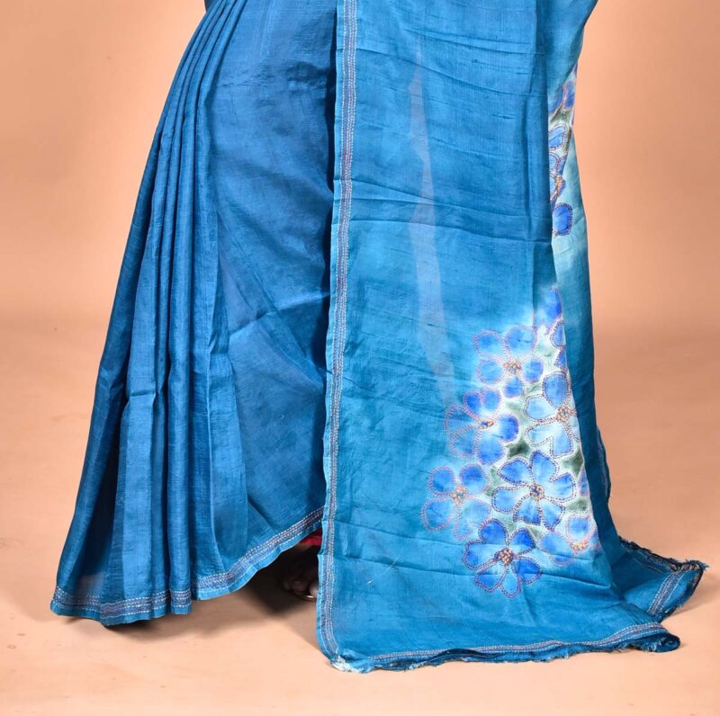 Mulberry Silk Saree with Hand Print and Hand Embroidery ( Blue)