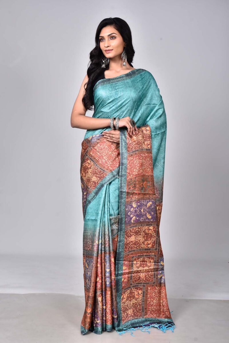 Tassar Saree with Digital Print (Green Multi)