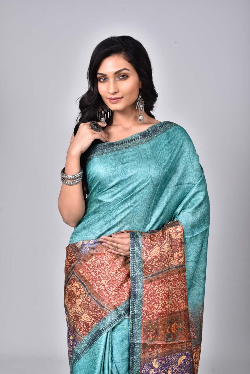 Tassar Saree with Digital Print (Green Multi)