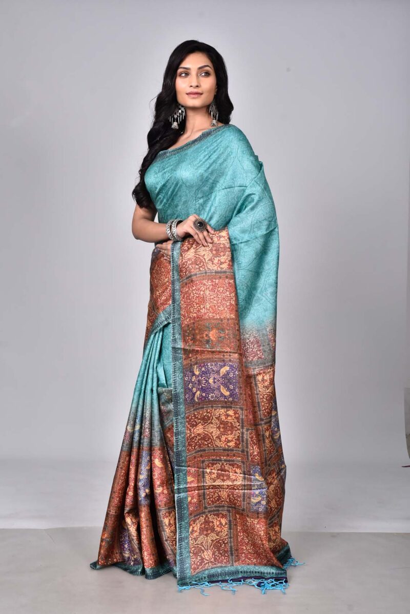 Tassar Saree with Digital Print (Green Multi)