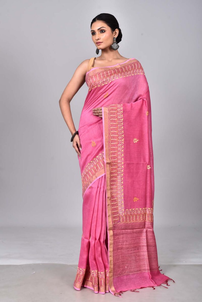 Silk Linen Saree with Hand Kantha Work  (Pink)