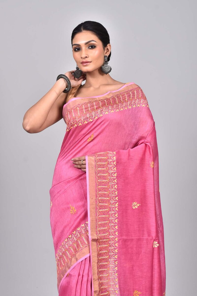 Silk Linen Saree with Hand Kantha Work  (Pink)