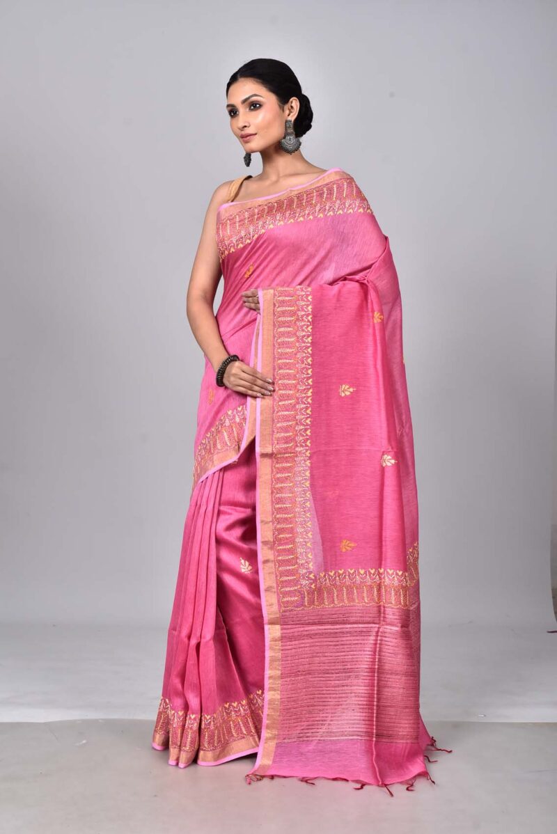 Silk Linen Saree with Hand Kantha Work  (Pink)