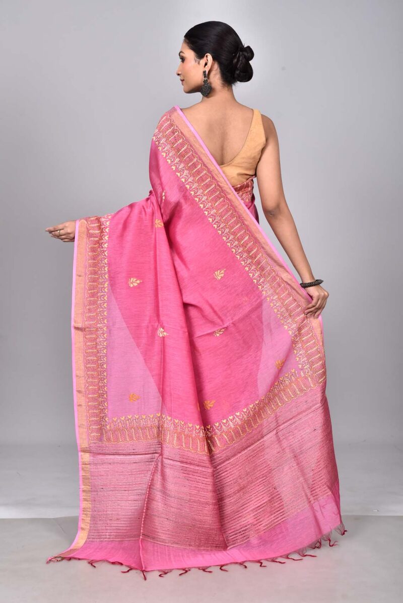 Silk Linen Saree with Hand Kantha Work  (Pink)