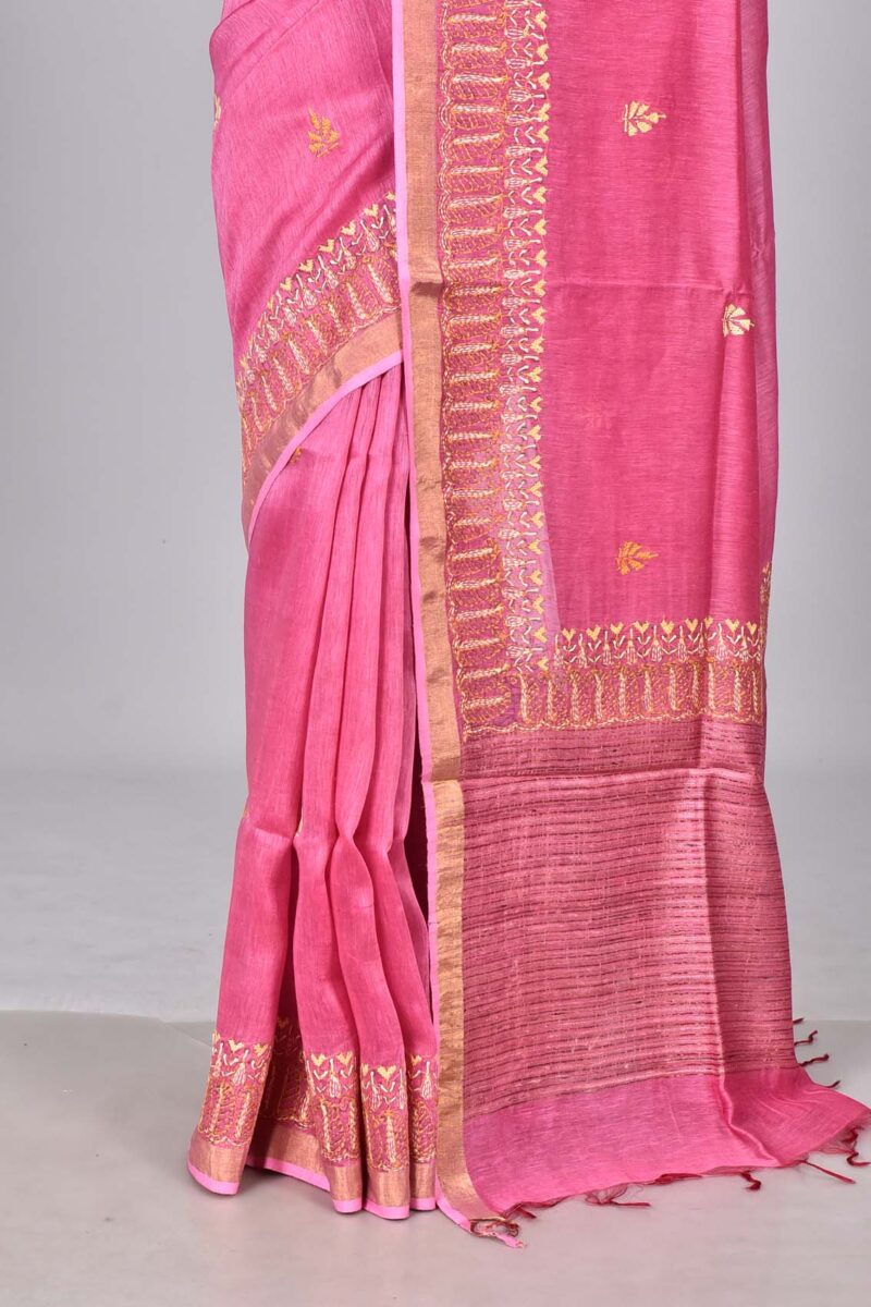 Silk Linen Saree with Hand Kantha Work  (Pink)