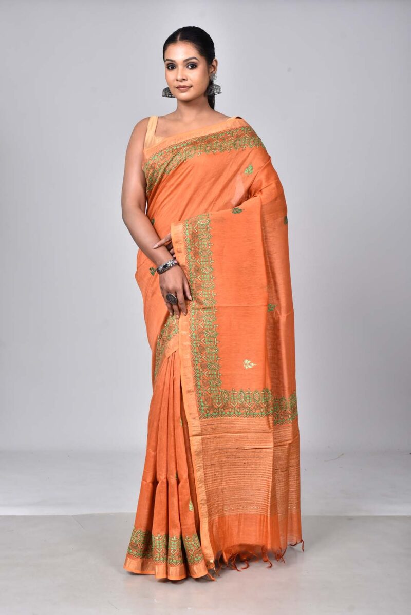 Silk Linen Saree with Hand Kantha Work  (Orang)