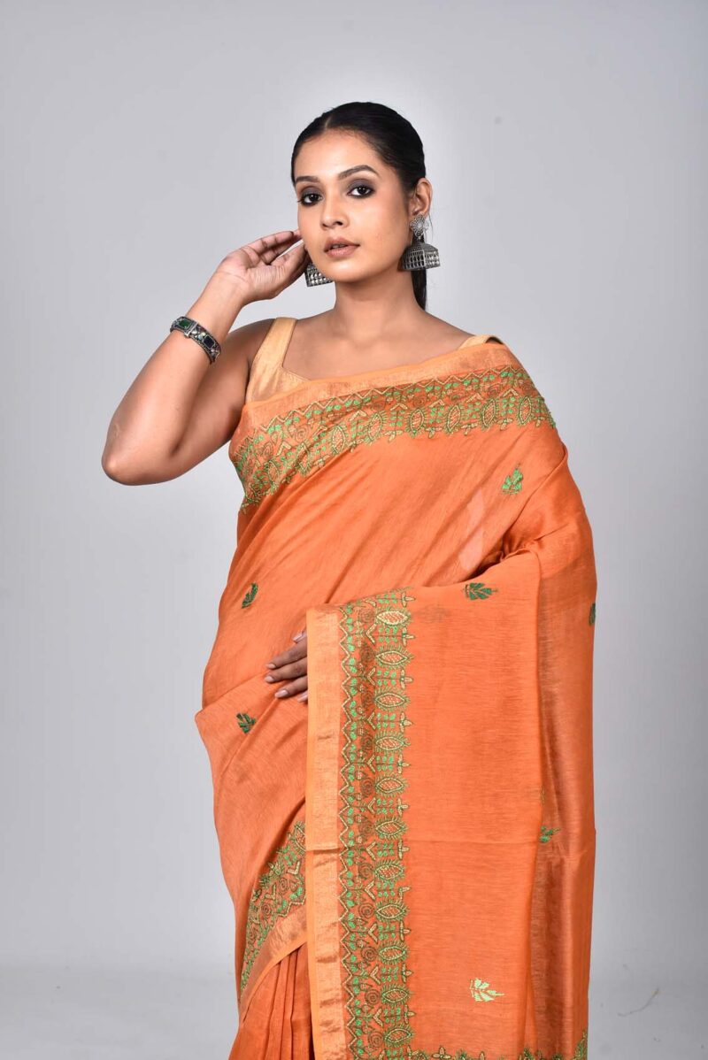 Silk Linen Saree with Hand Kantha Work  (Orang)