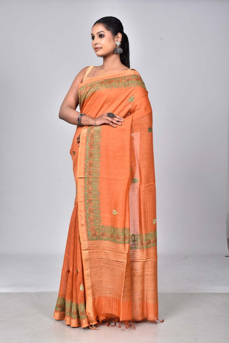 Silk Linen Saree with Hand Kantha Work  (Orang)