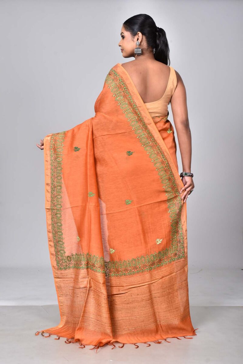 Silk Linen Saree with Hand Kantha Work  (Orang)