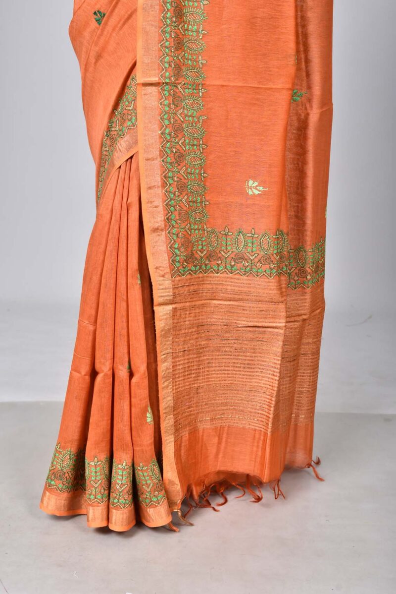 Silk Linen Saree with Hand Kantha Work  (Orang)