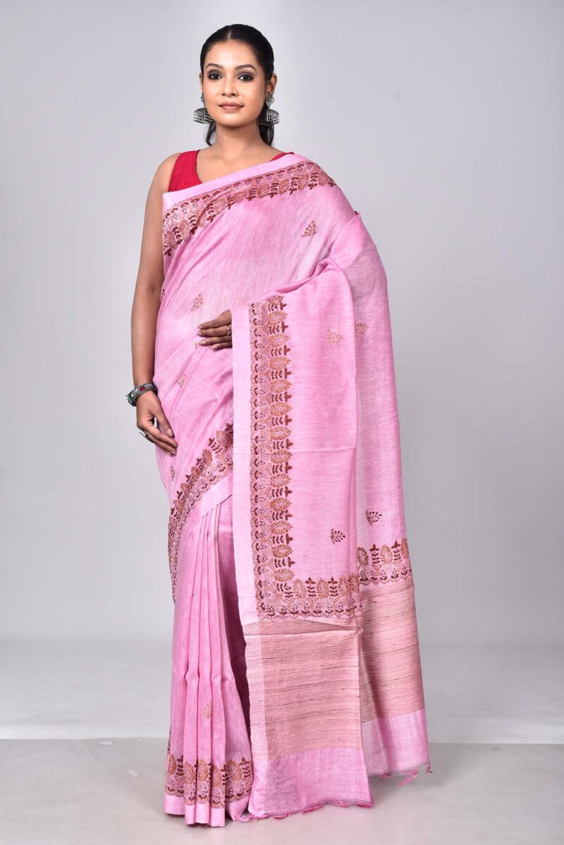 Silk Linen Saree with Hand Kantha Work  (Pink)