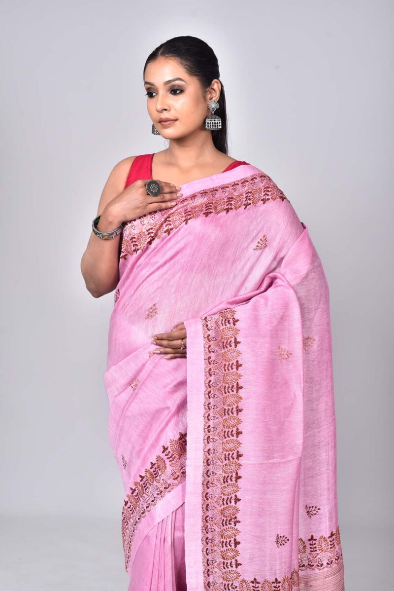 Silk Linen Saree with Hand Kantha Work  (Pink)