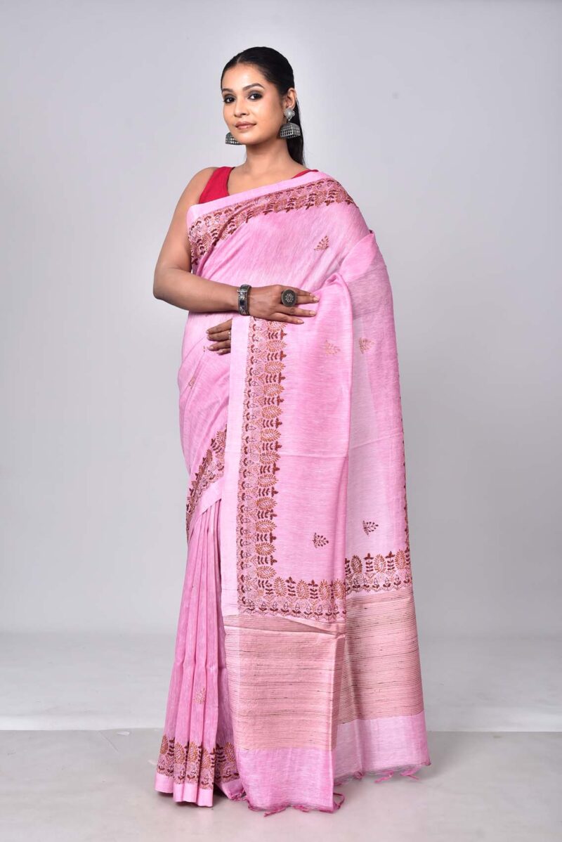 Silk Linen Saree with Hand Kantha Work  (Pink)