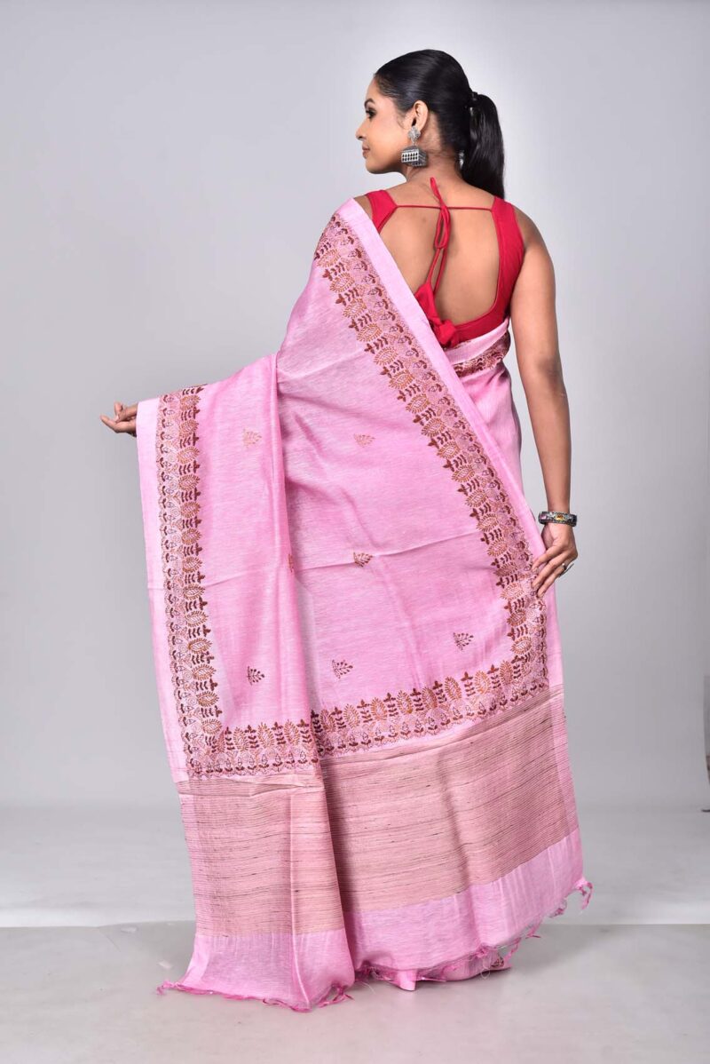 Silk Linen Saree with Hand Kantha Work  (Pink)