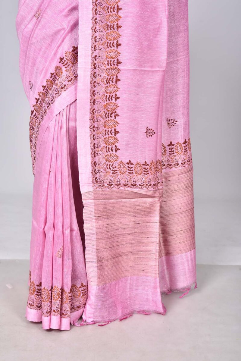 Silk Linen Saree with Hand Kantha Work  (Pink)