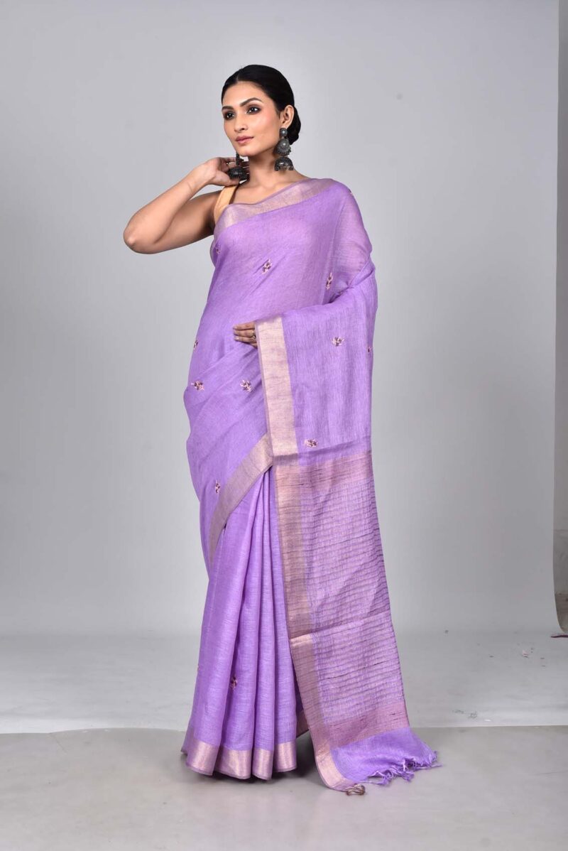 Linen Woven Saree with Hand Kantha Work (Lite Purple)