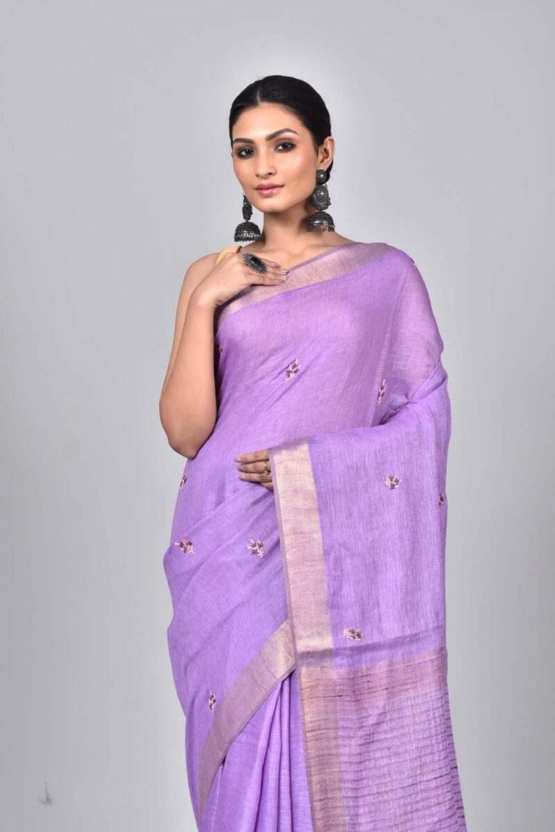 Linen Woven Saree with Hand Kantha Work (Lite Purple)