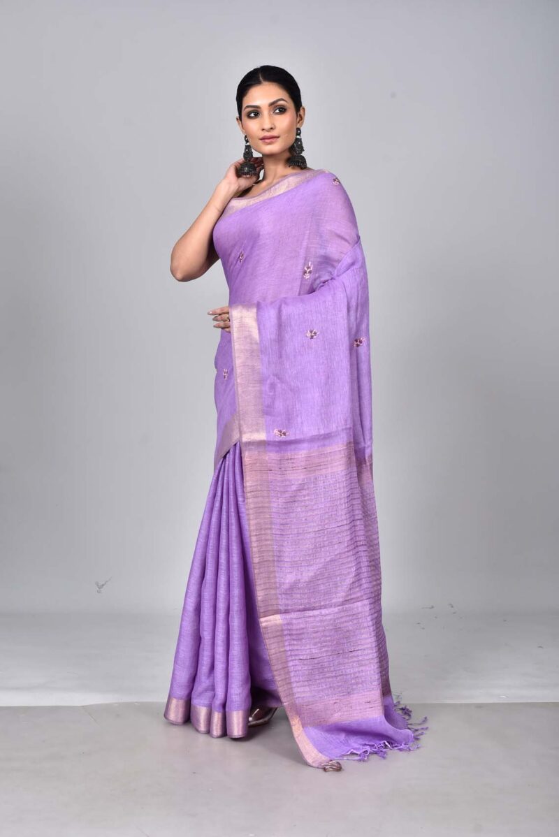 Linen Woven Saree with Hand Kantha Work (Lite Purple)