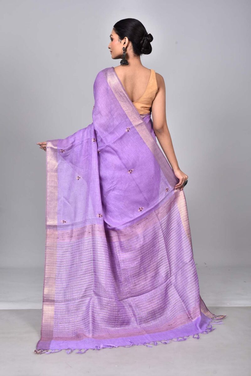 Linen Woven Saree with Hand Kantha Work (Lite Purple)