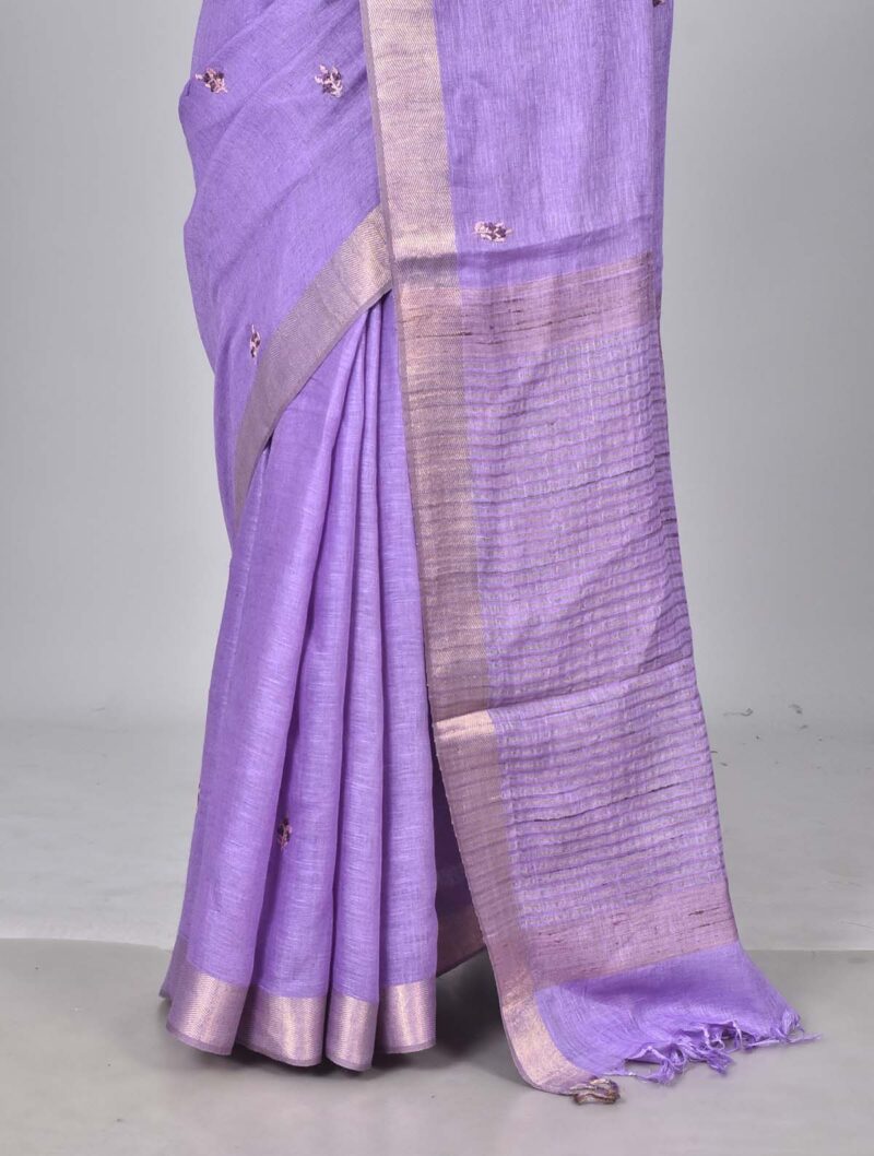 Linen Woven Saree with Hand Kantha Work (Lite Purple)