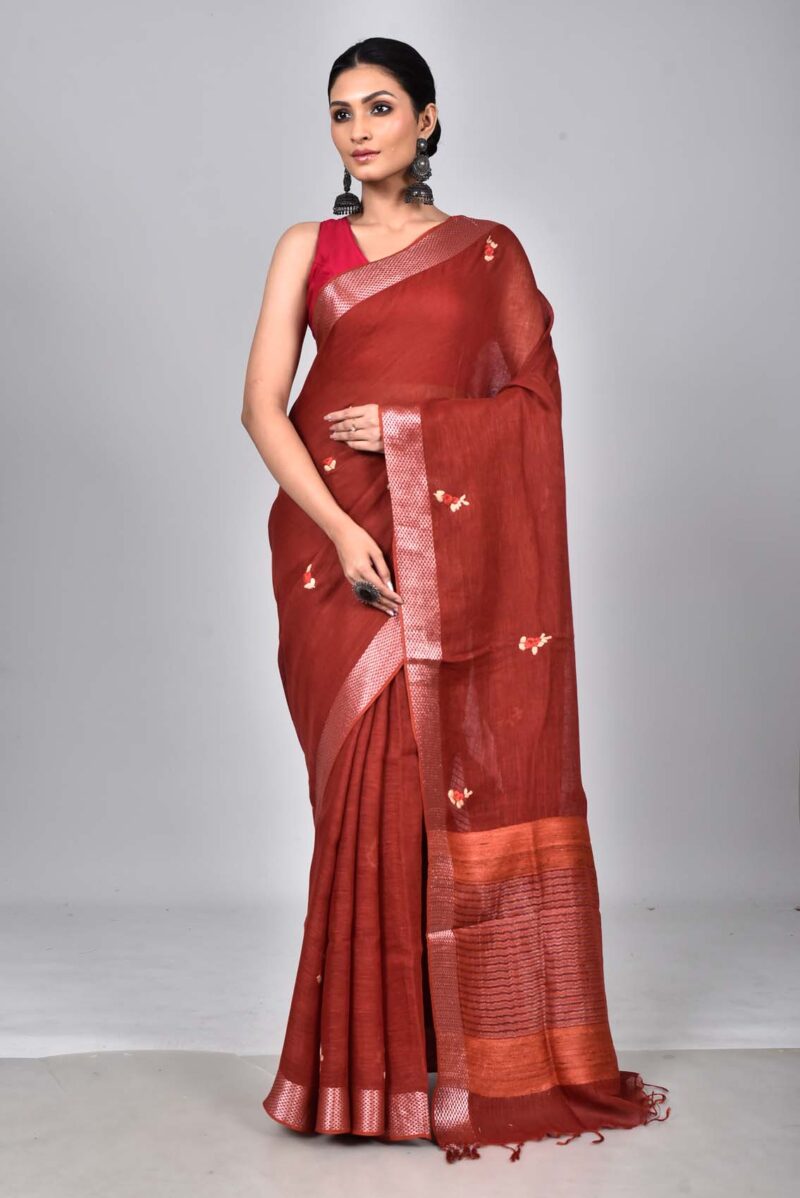 Linen Woven Saree with Hand Kantha Work (Dark Red)