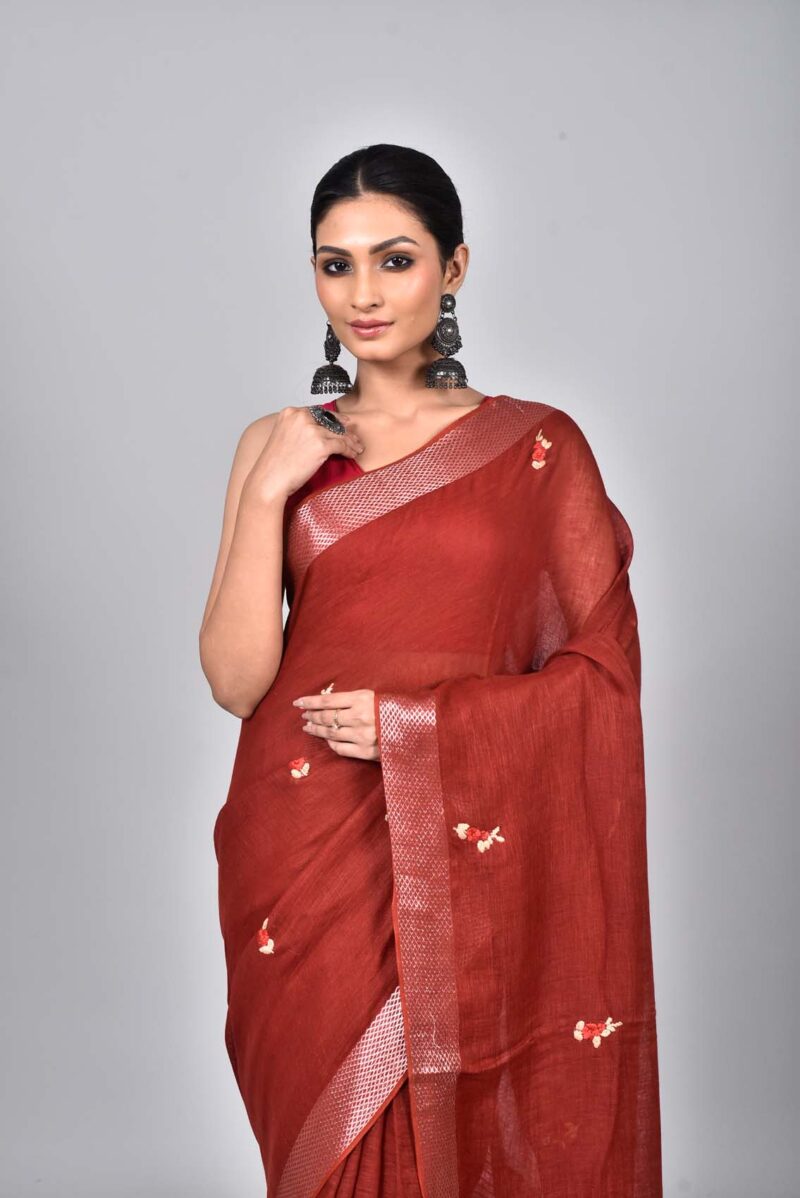 Linen Woven Saree with Hand Kantha Work (Dark Red)