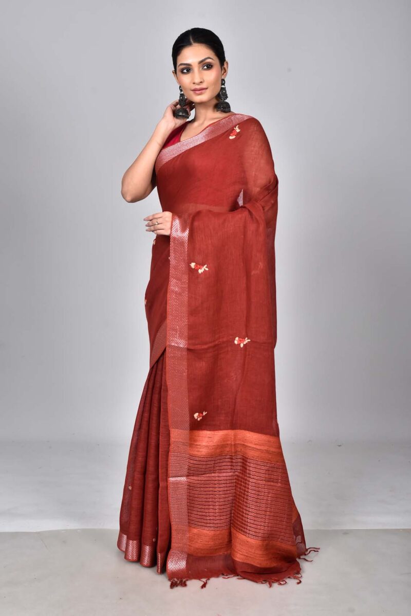 Linen Woven Saree with Hand Kantha Work (Dark Red)