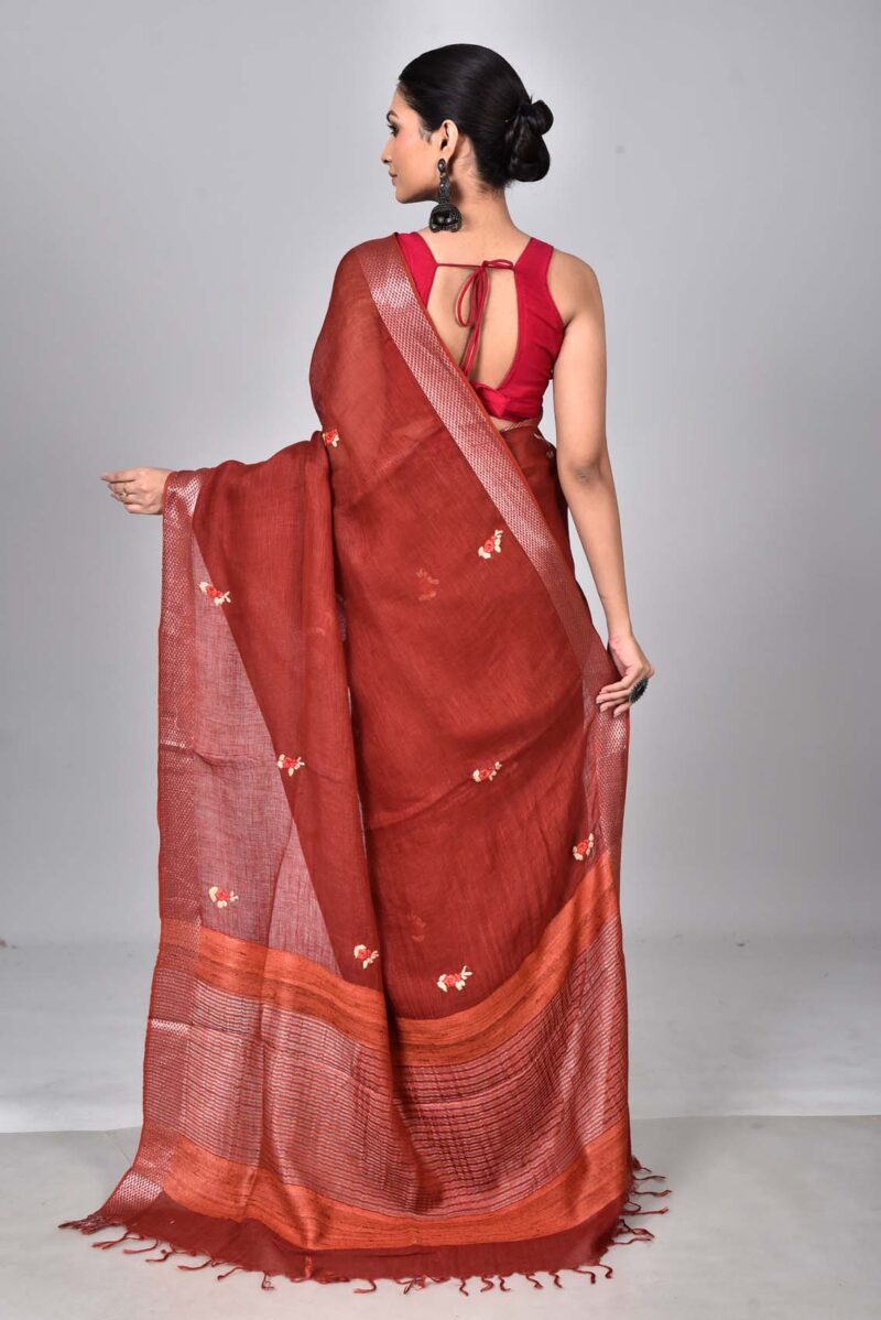 Linen Woven Saree with Hand Kantha Work (Dark Red)