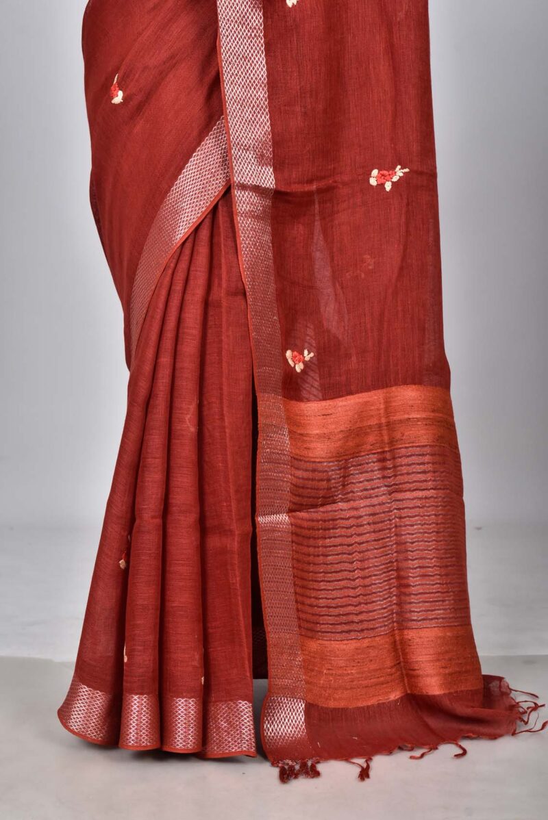 Linen Woven Saree with Hand Kantha Work (Dark Red)