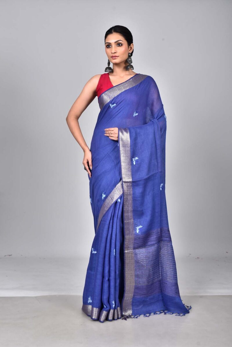 Linen Woven Saree with Hand Kantha Work (Dark Blue)