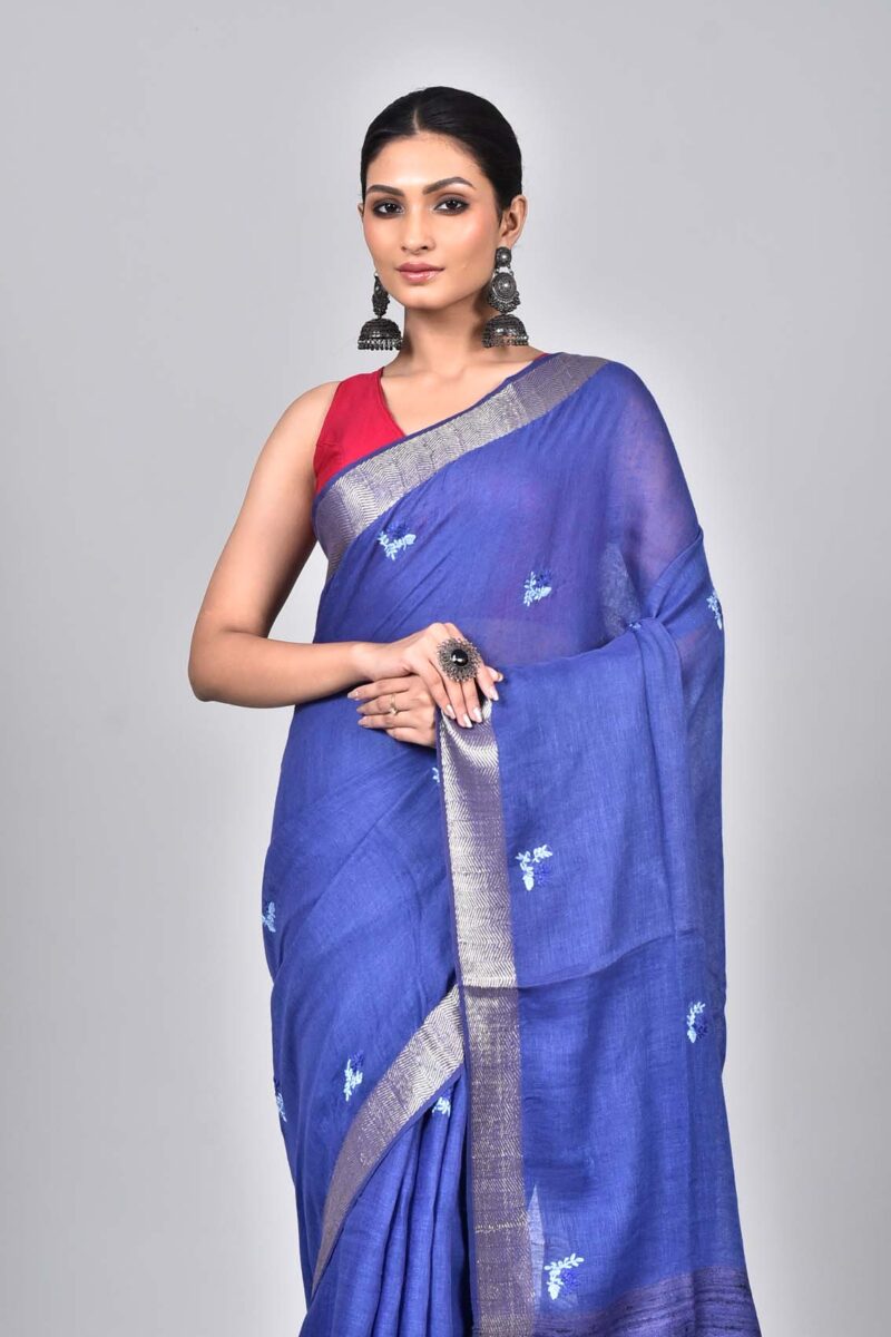 Linen Woven Saree with Hand Kantha Work (Dark Blue)