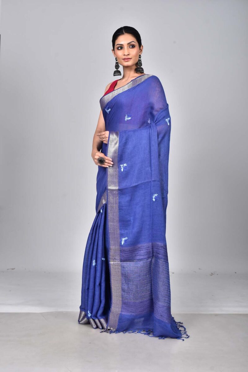 Linen Woven Saree with Hand Kantha Work (Dark Blue)