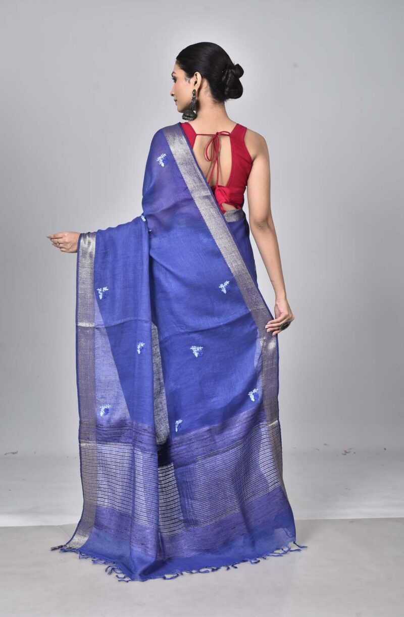 Linen Woven Saree with Hand Kantha Work (Dark Blue)