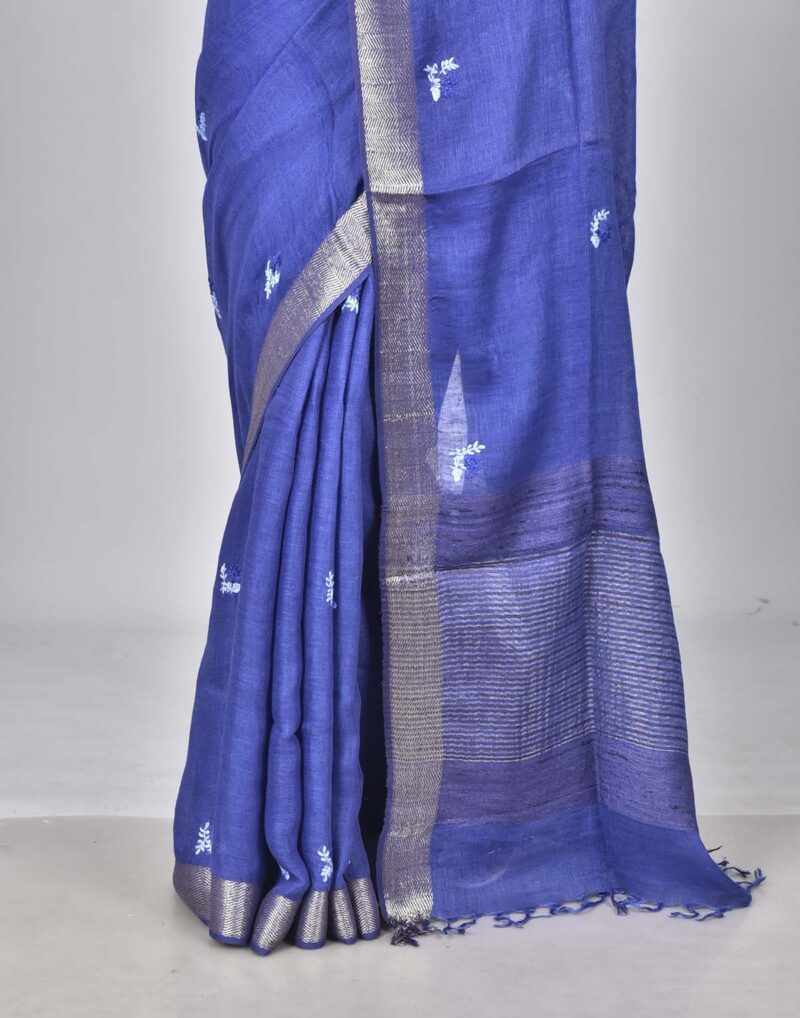 Linen Woven Saree with Hand Kantha Work (Dark Blue)