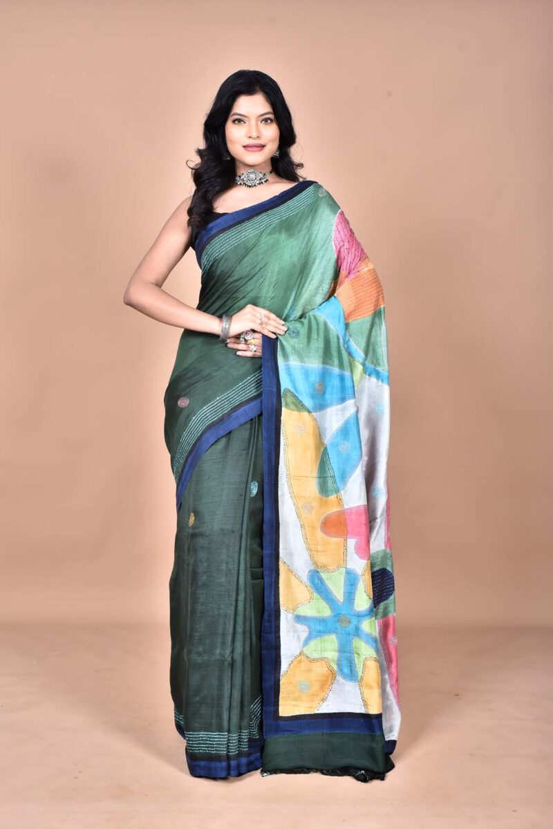 Mulberry Silk Saree with Hand Print and Hand Embroidery (Dark Green )