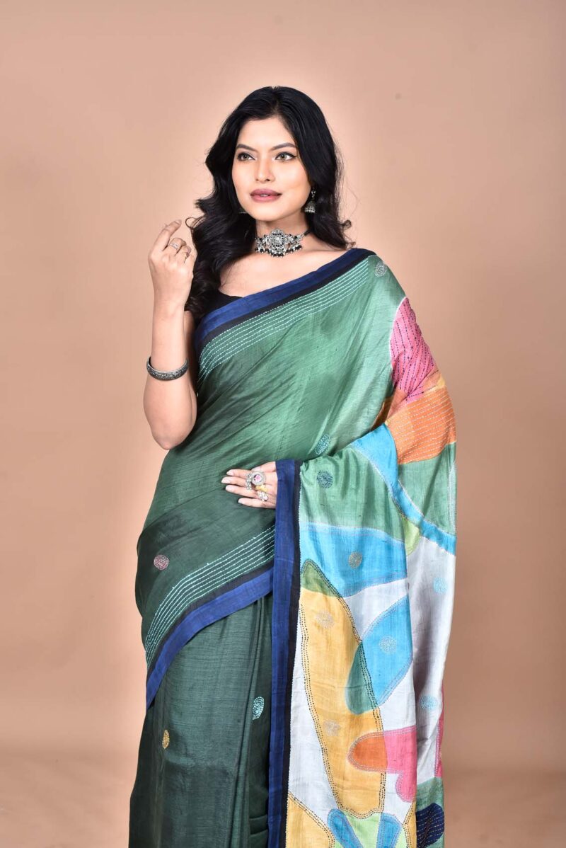 Mulberry Silk Saree with Hand Print and Hand Embroidery (Dark Green )