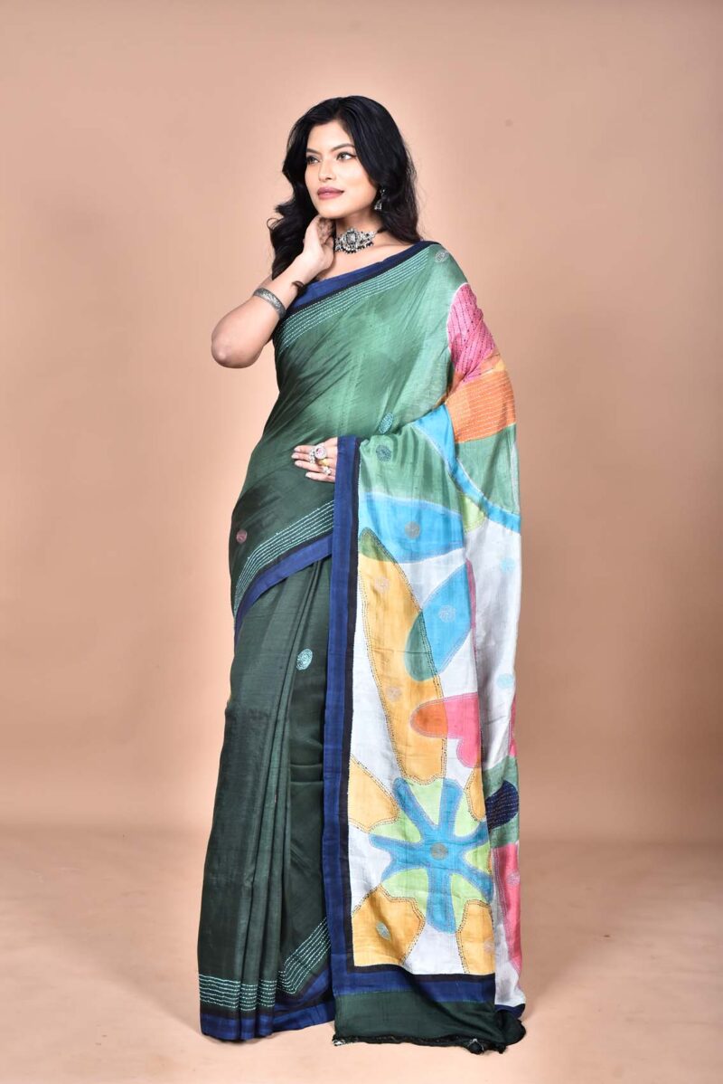 Mulberry Silk Saree with Hand Print and Hand Embroidery (Dark Green )