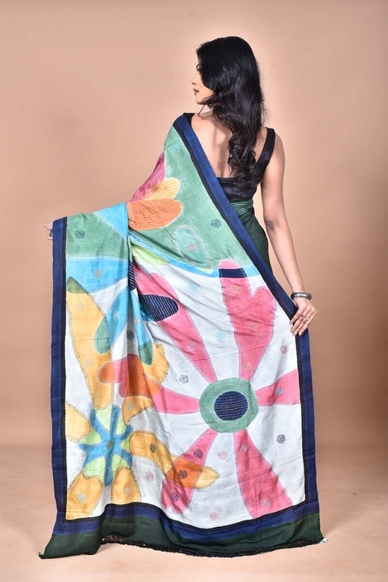 Mulberry Silk Saree with Hand Print and Hand Embroidery (Dark Green )