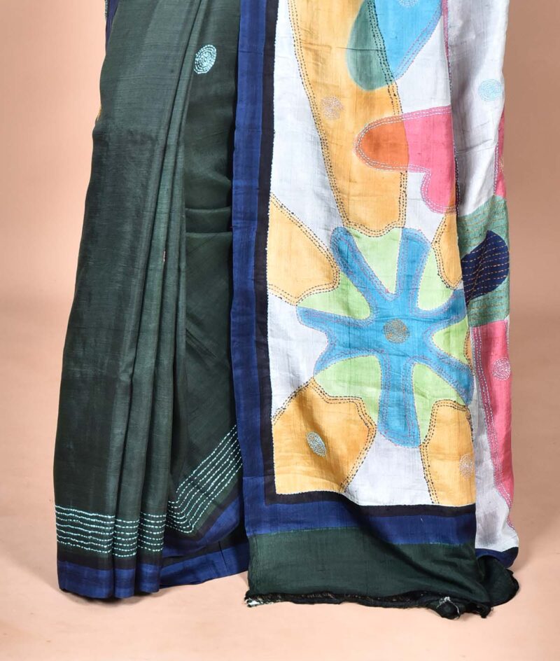 Mulberry Silk Saree with Hand Print and Hand Embroidery (Dark Green )