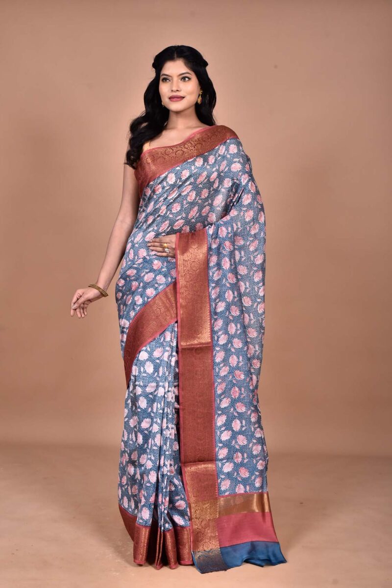 Silk Cotton Saree with Hand Screen Print (Dark Blue)