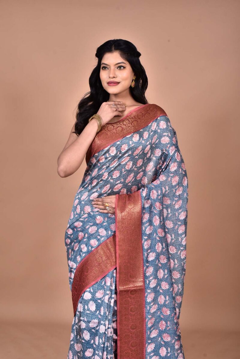 Silk Cotton Saree with Hand Screen Print (Dark Blue)