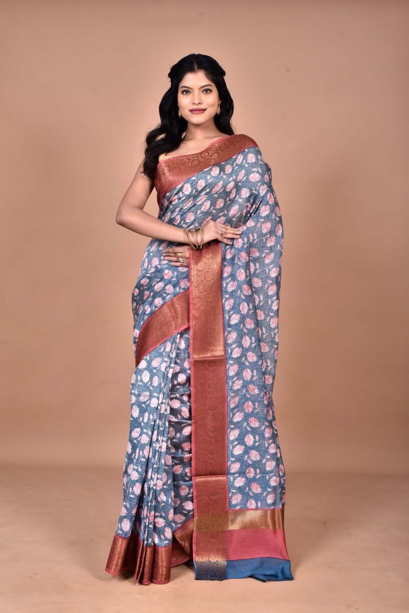 Silk Cotton Saree with Hand Screen Print (Dark Blue)