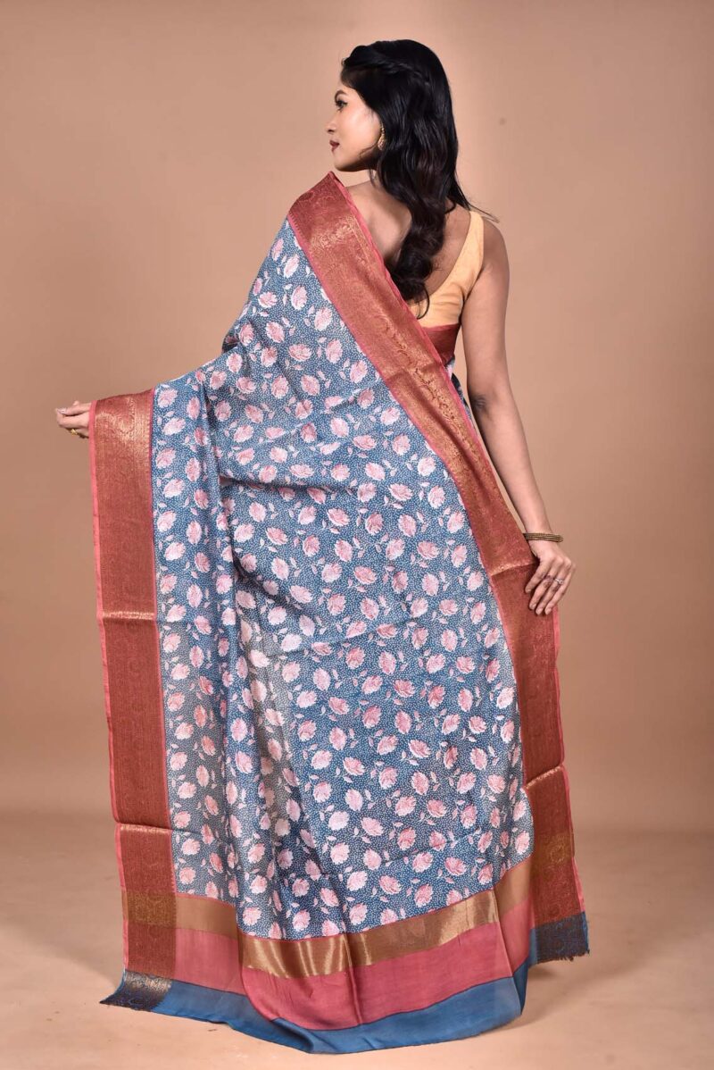 Silk Cotton Saree with Hand Screen Print (Dark Blue)