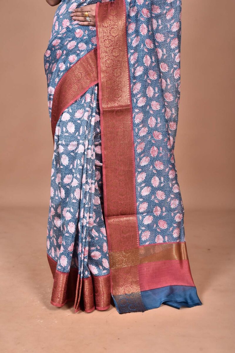 Silk Cotton Saree with Hand Screen Print (Dark Blue)