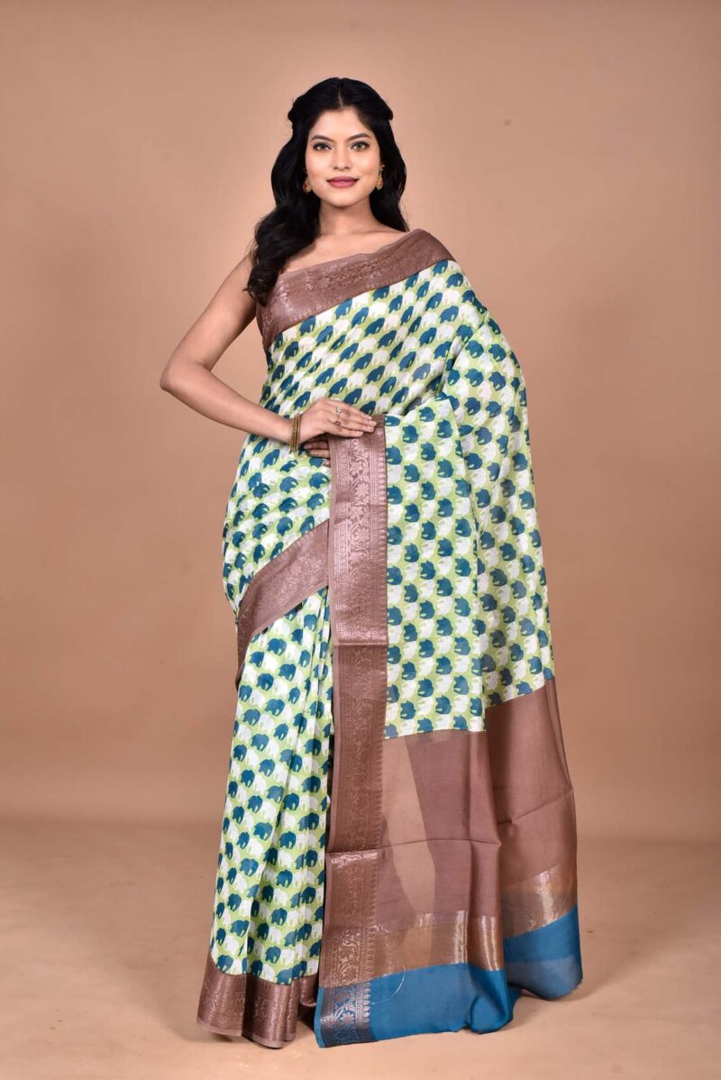 Silk Cotton Saree with Hand Screen Print (Green)