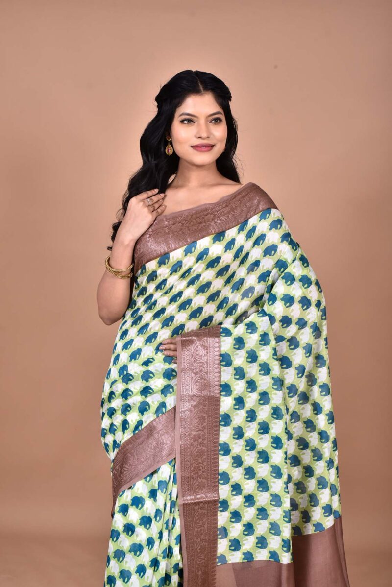 Silk Cotton Saree with Hand Screen Print (Green)